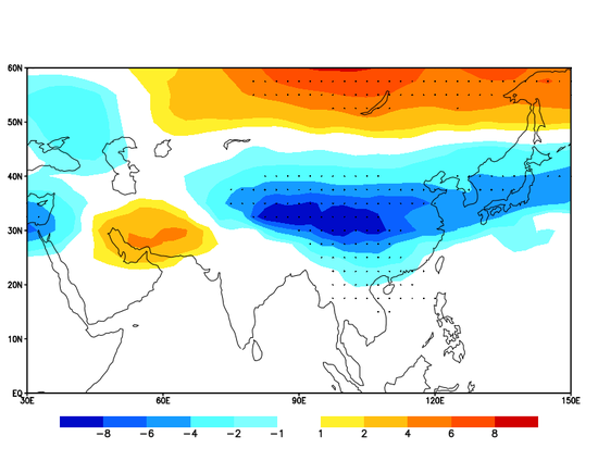 1979-2018年1月，亚洲大陆对流层顶气压对同期青藏高原东部（90°E-102°E，28°N-35°N）平均气温指数的回归分析（填色，单位hPa/℃），打点区域为通过0.05显著性检验地区 | 作者绘图