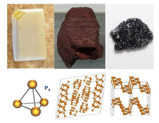 白磷(左),红磷(中)和黑磷(右)的形态及分子结构 图源:wikipedia