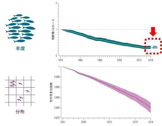 　　地球生命力指数（上）和物种栖息地指数（下）趋势图。|WWF