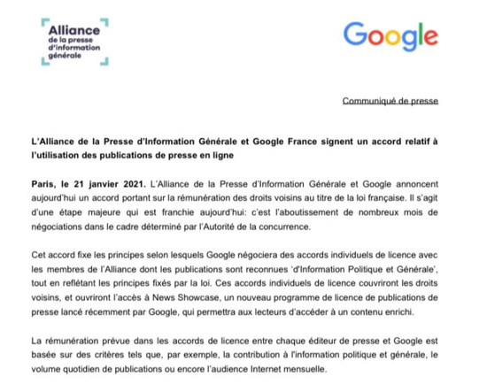 谷歌与法国APIG达成协议 互联网新闻版权再获进展
