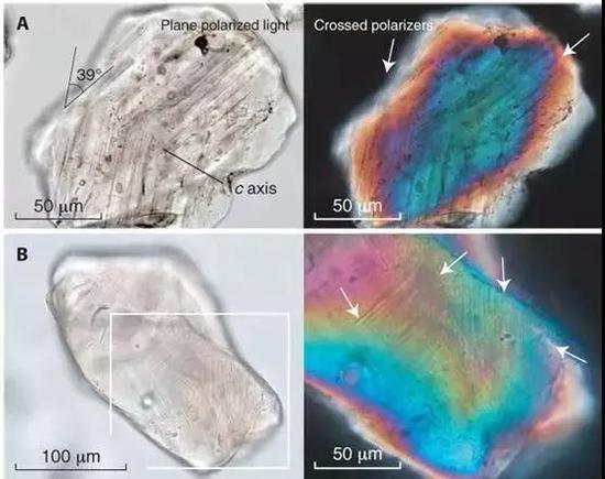 显微照片（左列）和背散射电子显微照片（右列）反映出Hiawatha陨石撞击留下的“岁月痕迹”——PDFs（白色箭头处）。来源：参考文献[1]