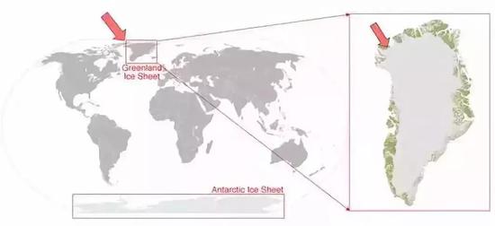 新发现的陨石坑位置。来源： NASA NSIDC & Natural History Museum of Denmark