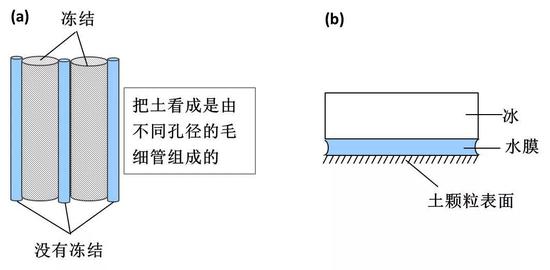 图8 冻土未冻水成因解释。 （a）毛细作用；（b）吸附作用