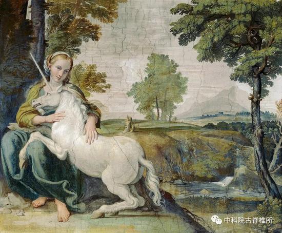 The gentle and pensive maiden has the power to tame the unicorn， fresco， probably by Domenico Zampieri， c。 1602 （Palazzo Farnese， Rome）