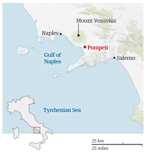 庞贝城位于亚平宁半岛西南角坎帕尼亚地区（意大利南部，距那不勒斯湾东20公里)
