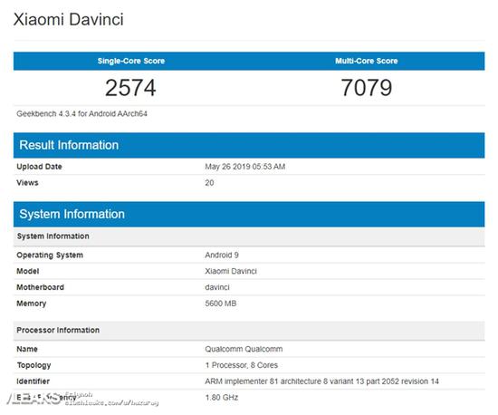 红米K20现身GeekBench 单核成绩略胜骁龙845