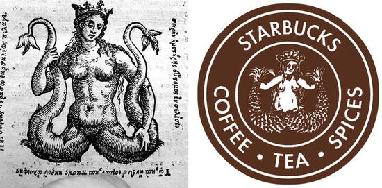 ▲ 西方古籍中的海妖 Siren（图左）和星巴克成立初期的 logo（图右）