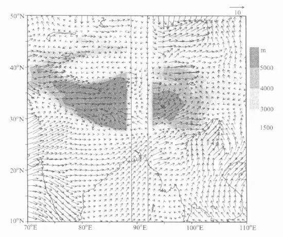在高原中部区域开一个大口子所对应的大气低层（850hPa）风场变化，在口子内部南侧有向北的风矢量，在通道北侧有向南的风矢量。图片来自于陈红等（2001）
