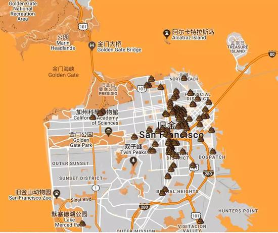 旧金山的粪便地图(网址:mochimachine.org/wasteland/)