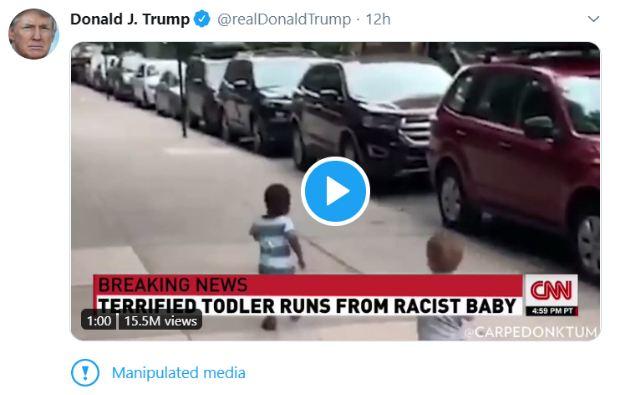 当地时间6月18日，“推特”给特朗普发布的视频贴上“被操作媒体”的标签。图片来源：社交媒体截图。