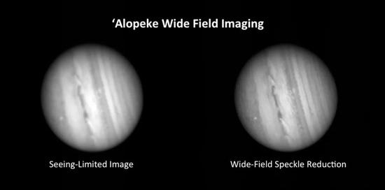 双子座天文台Alopeke宽场成像仪对木星成像对比，左图为视宁度效应极限（有大气干扰下的成像极限）的效果，右为散斑成像后效果（右） 丨图源：Physics Today