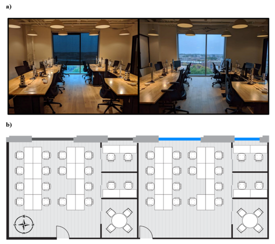 两间办公室布局、陈设、朝向相同，唯一的差别是照明。一间用传统的百叶窗遮挡住玻璃窗透过的大部分阳光，另一间用变色玻璃降低眩光、同时让阳光透过