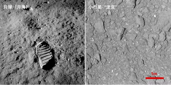 （左）阿波罗11号巴兹·奥尔德林的月面脚印。来源：NASA；（右）隼鸟2号在距离龙宫表面42米处拍摄。来源：JAXA、东大等 [10] 注意两张图比例尺不同。