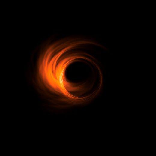  图2：其中一种理论模型预言的银心的黑洞阴影以及周围环绕的新月状光环，图片来源：路如森，上海天文台