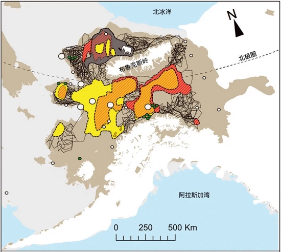这头公猛犸象的主要活动轨迹，图中黄色、红色、灰色分别对应青少年、成年和生命最终这三个成长阶段。（图片来源：原论文）
