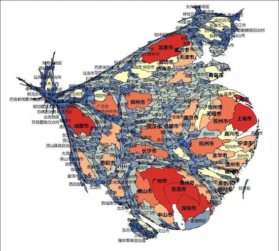 ▲附图2 春节后人口迁入预测结果的变形统计地图