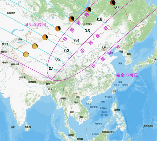我国日食可见情况，图中的数字表示最大食分。Credit：原图NADC，牧夫天文修改