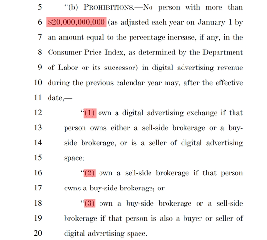 图：数字广告竞争与透明度法提案(第5页)有关大于200亿美元数字广告交易营业额的企业参与多个数字广告环节的限制