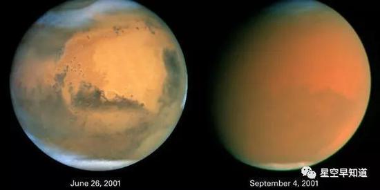 火星的全球性沙尘暴非常恐怖。这两张图片比较了火星正常情况（左图）和爆发全球性沙尘暴时的情况，根本无法看清地面
