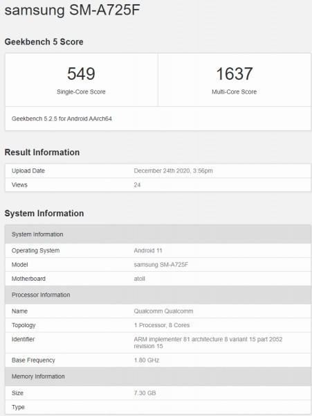 三星GalaxyA72 4G跑分曝光！成绩证实是一款中端机