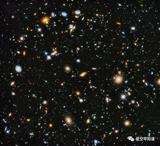 “哈勃超深场”图像。当你看着这张照片，你正在回溯宇宙的历史。这张照片里的每一个点都是一个星系，其中很多出现在宇宙年龄仅有4亿~6亿年的时期。是的，你的目光看到了100多亿年前的画面，而那时，连太阳系都还不存在，遑论地球，或是你 来源：NASA/Hubblesite.org