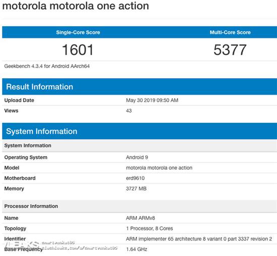 摩托罗拉新机One Action跑分曝光,搭载Android 9 Pie系统