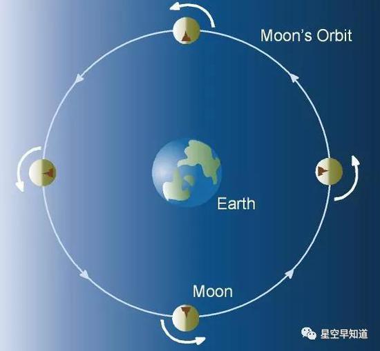 图二：中间是地球，月球围绕地球公转。请注意，图中太阳在左侧，阳光会照亮半个月球。根据月球上的标记物，你会留意到，随着月球公转一周，它的地表各处都经历了白天和夜晚。所谓“月之暗面”是不存在的谣言