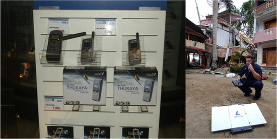 货架上的卫星电话（左）和印尼海啸救灾中应用卫星电话进行联络的场景（右）