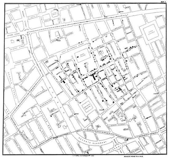 　1853年，斯诺所著的 On the Mode of Communication of Cholera 一书中绘制的宽街霍乱死亡病例地图。图片来源：wikipedia