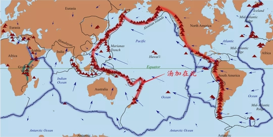 全球板块边界，环太平洋火环以及汤加的位置示意图图/wikipedia