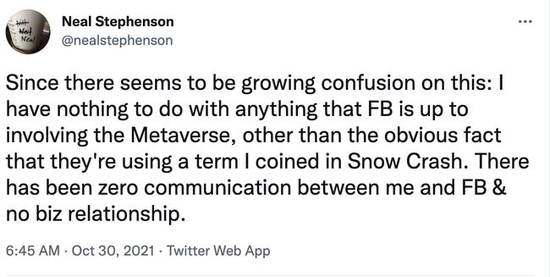 《雪崩》的作者史蒂文森发推撇清与脸书的关系。（图源：社交媒体）