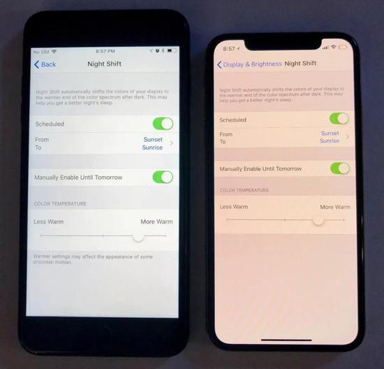▲iPhone开启Night Shift模式后的显示对比