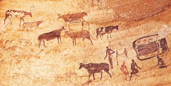 （阿尔及利亚Tassili-n-Ajjer岩画中的牧民和牲畜）