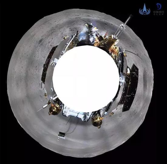 “嫦娥四号”着陆器地形地貌相机环拍全景图（方位投影）（图片来源：国家航天局）