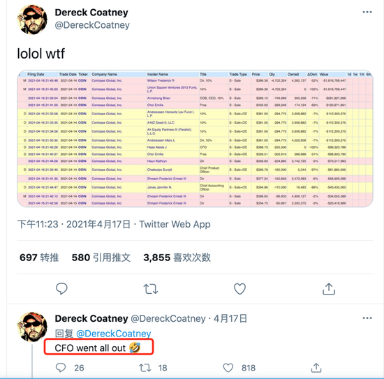 Coinbase上市不久套现，图源：Twitter/@DereckCoatney