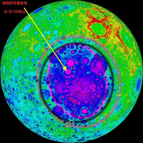 南极-艾特肯盆地的地形图复杂程度远超其他地方，图中标注处即冯·卡门环形山（图修改自：Garrick-Bethell and Zuber）