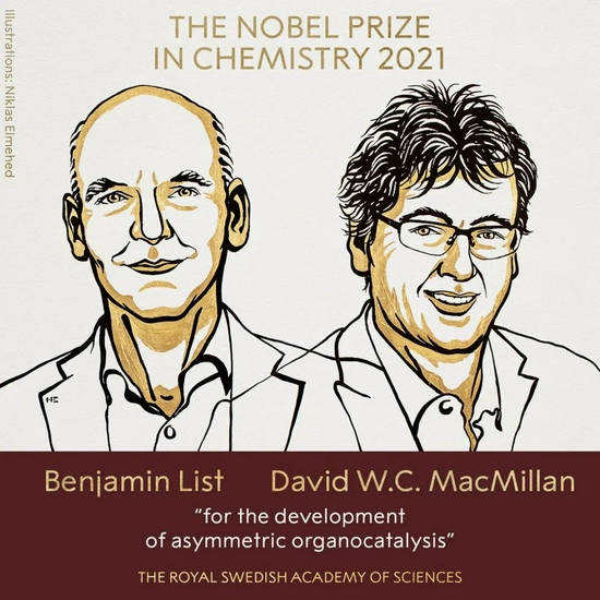 Benjamin List（本亚明·利斯特）和David MacMillan（戴维·麦克米伦）因“在不对称有机催化方面的发展”被授予2021年诺贝尔化学奖。