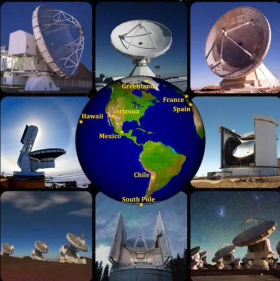 图丨 事件视界望远镜是由全球八大望远镜组成（来源：APEX， IRAM， G。 Narayanan， J。 McMahon， JCMT/JAC， S。 Hostler， D。 Harvey， ESO/C。 Malin）