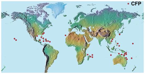 有西加鱼毒素中毒报道的地区（红点）。（图片来源：the US National Office for Harmful Algal Blooms， Woods Hole Oceanographic Institution）