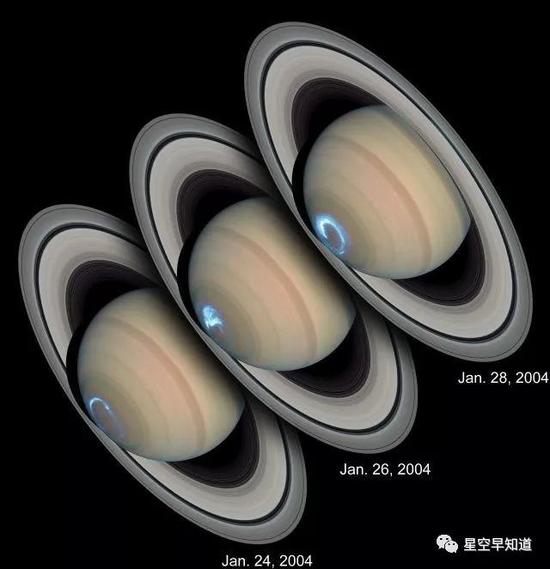 哈勃望远镜拍摄的土星图像，可以看出极光的变化来源：NASA