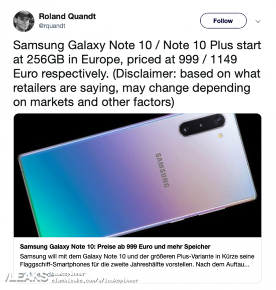 三星Note 10欧洲售价或破万 还有最低内存组合 