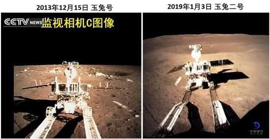 嫦娥三号释放月球车玉兔号（左）和嫦娥四号释放月球车玉兔2号（右），由各自的监视相机C拍摄。来源：探月工程