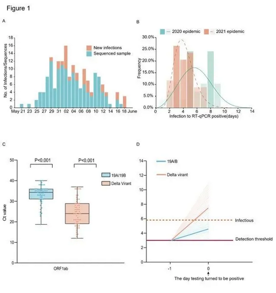 Delta变种导致受到感染者出现PCR阳性结果所需时间更短（b，d），口咽拭子样本中病毒载量更高（c，Ct值更低）