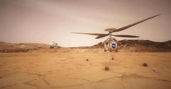 与美国“毅力号”漫游车（背景远处）一起登陆的迷你“火星直升机侦察兵”示意图。|Credit：NASA/JPL