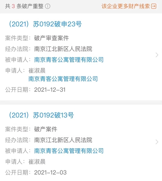 南京青客公寓被执行破产清算，图源企查查