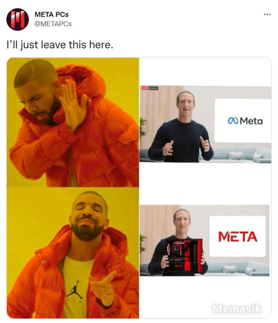 META PCs账号在Twitter上发布有关扎克伯格和“META”的图文。图片来源：Twitter