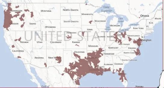 獭狸在美国的入侵范围 图片来源：USGS