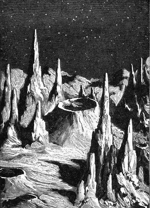 早期月球学学者认为， 月球上的山脉边缘很锋利。此插图取自华伦（H。 D。 Warren）的《天文学消遣》（R ecreations in Astronomy，1879）