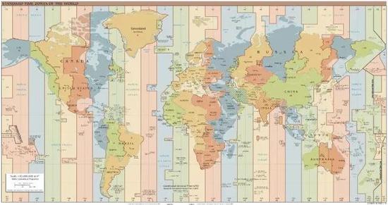 世界时区的划分示意图（图片来自Wikipedia）