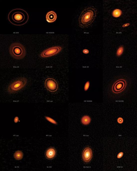 阿塔卡马大型毫米/亚毫米波望远镜拍摄的20个原行星盘。每一个都在孕育一个“太阳系”。ALMA （ESO/NAOJ/NRAO）， S。 Andrews et al。； NRAO/AUI/NSF， S。 Dagnello